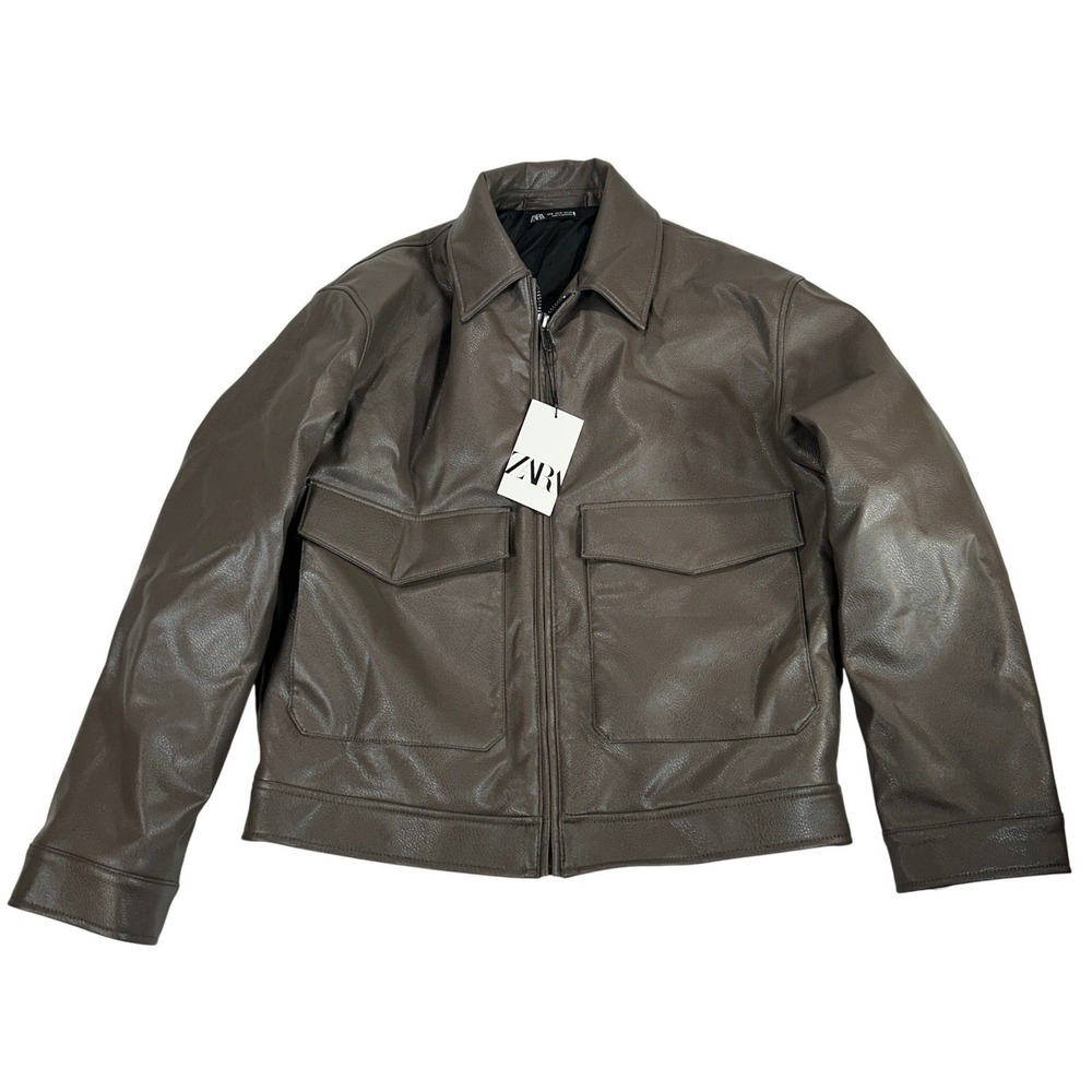 Zara Mens Faux Leather Jacket Brown Taupe Zip Front Utility M NEW